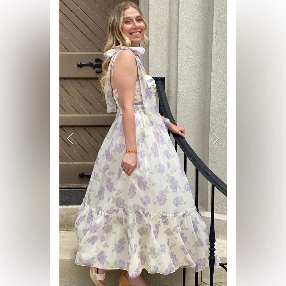 morning lavender debra purple & white floral sweetheart bow detil maxi dress - Picture 7 of 16